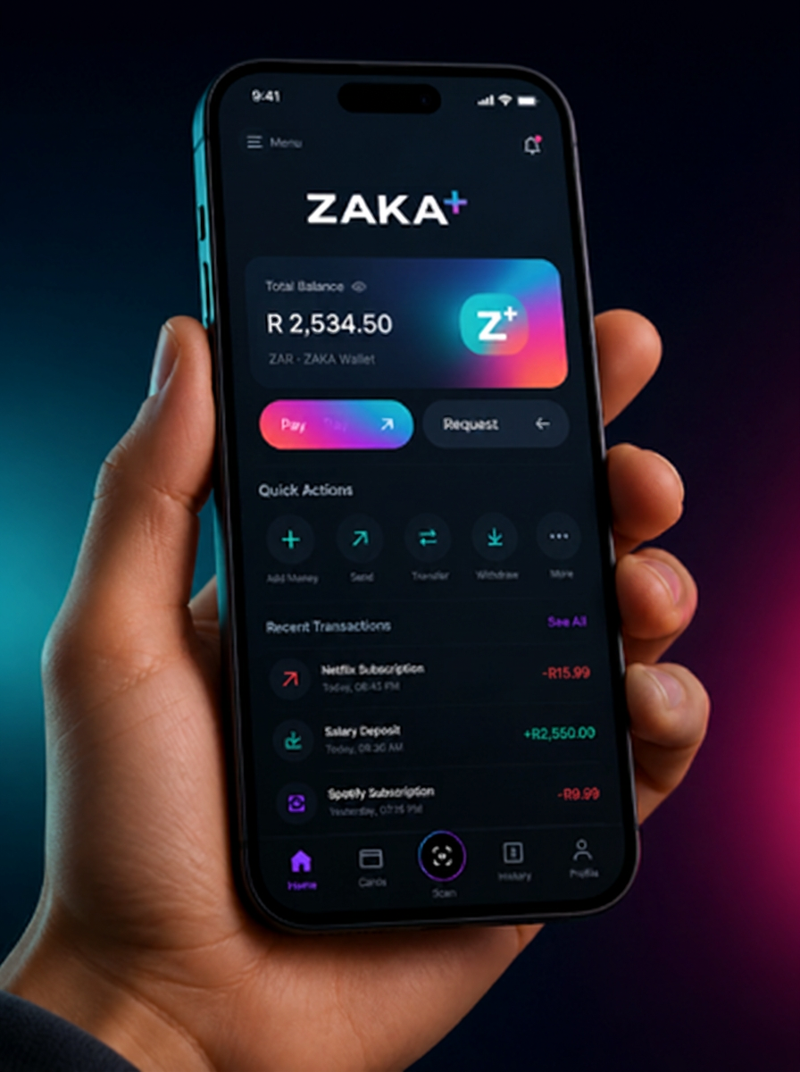 ZAKA+ payment app on a smartphone